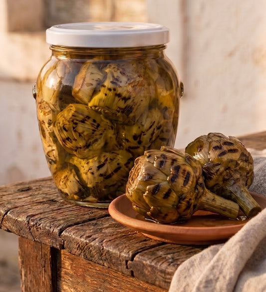 Vaso di carciofi interi grigliati sott'olio, antipasto pugliese artigianale da 550 gr.