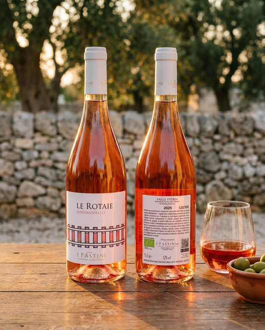 Retro etichetta Le Rotaie Susumaniello Valle d'Itria IGP 2025 con certificazione biologica europea, I Pàstini Martina Franca Bottega Imperiale