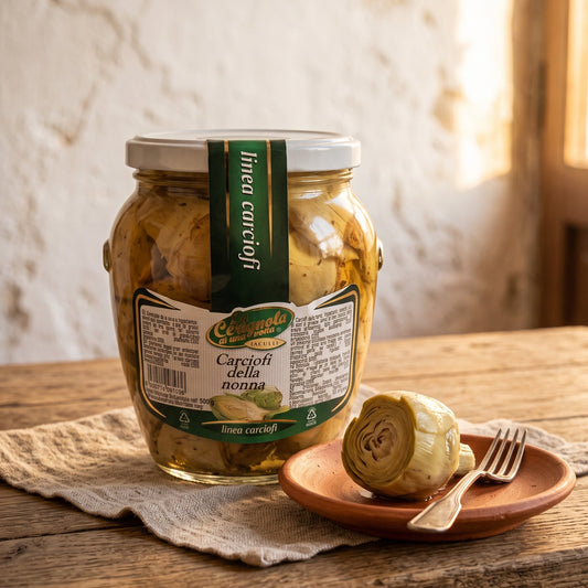 Carciofi della nonna sott'olio pugliesi, ideali su tagliere, bruschetta o frisella salentina, vaso da 550 gr.