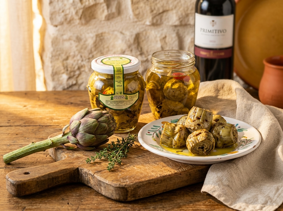 aperitivo carciofi grigliati sott'olio interi bottega imperiale Carciofi grigliati sott'olio close-up, olio dorato, ardesia