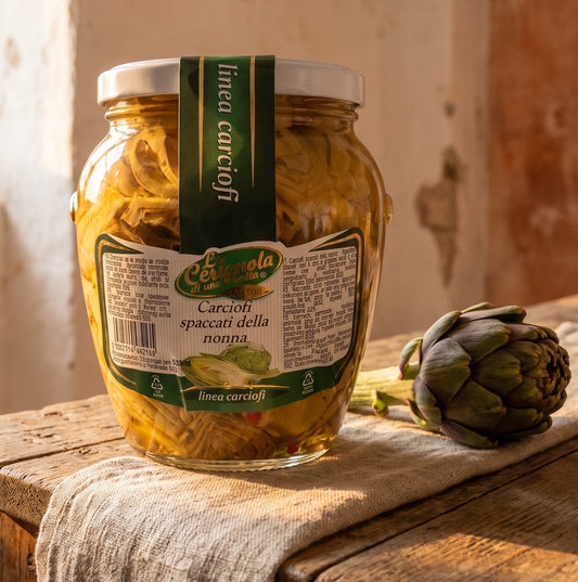 Carciofi spaccati della nonna sott'olio, vaso da 550 gr, conserva artigianale pugliese Bottega Imperiale.