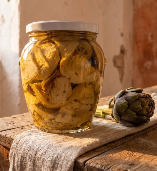 Vaso di carciofi spaccati sott'olio con aglio e prezzemolo da 550 gr, antipasto pugliese.