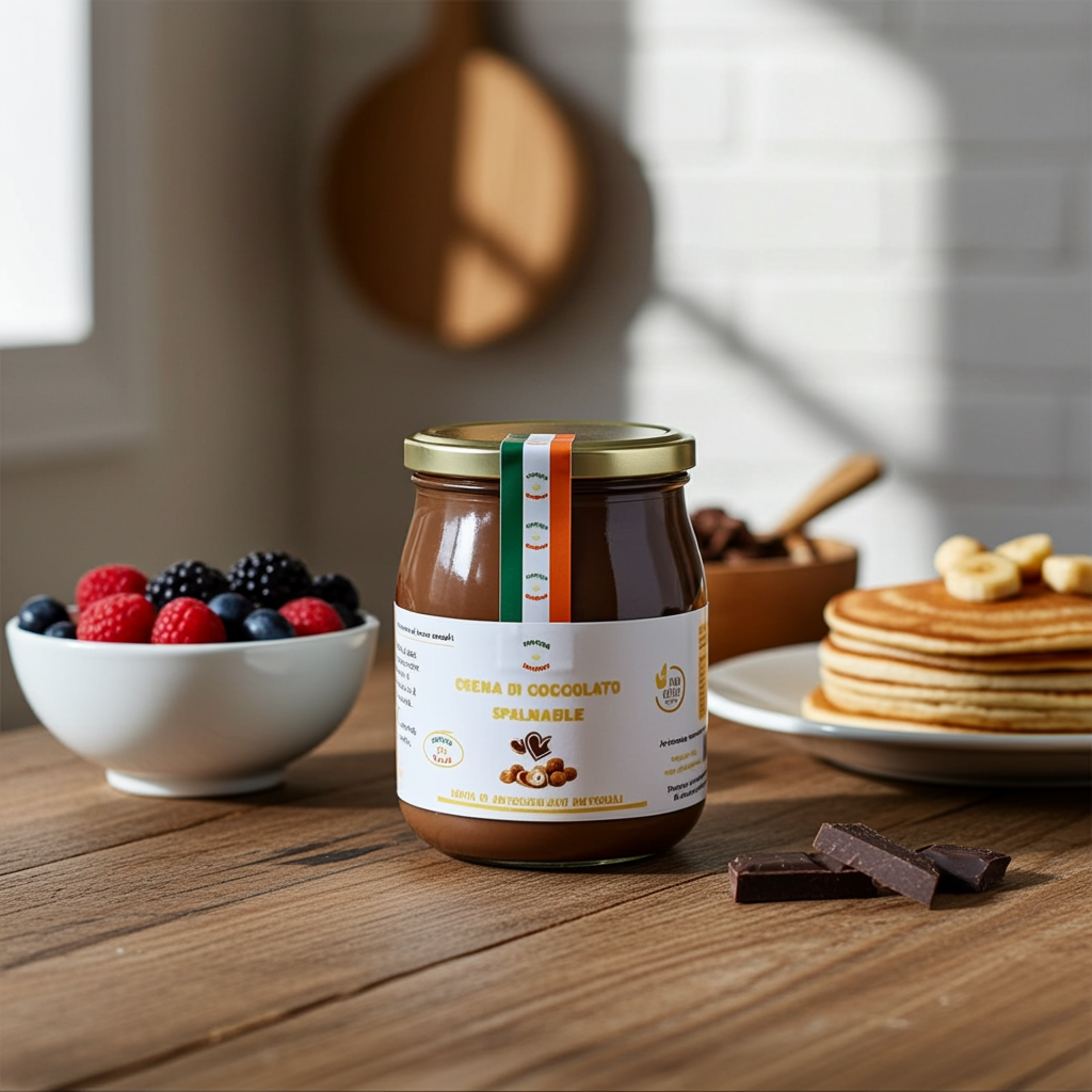Scopri la golosa crema spalmabile nocciole e cioccolato, un velluto irresistibile che fonde nocciole tostate premium e cioccolato puro in un barattolo elegante con etichetta tricolore verde-bianco-arancio, simbolo di qualità artigianale. Perfetta per colazioni gourmet su pancake, crepe o pane tostato, accompagnata da frutta fresca come lamponi e banane.