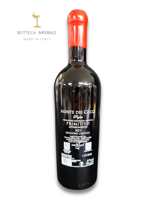 comprare online ordinare vino primitivo pugliese monte dei cocci foto dietro edizione limitata shop web online bottega imperiale salento puglia igp appassimento annata 2022 16% vol alc made in italy