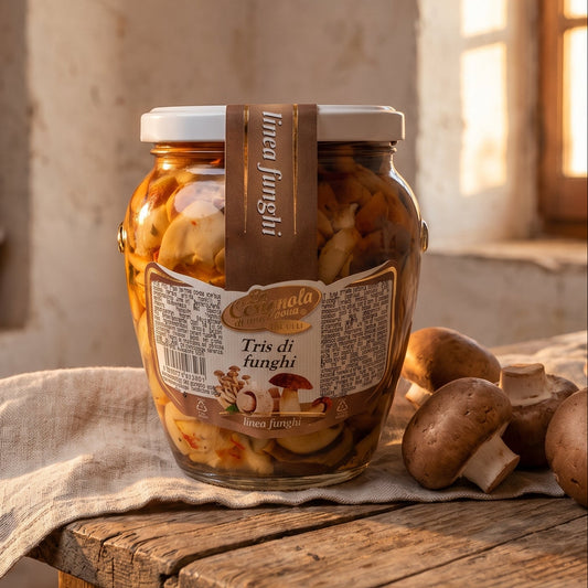 Tre funghi sott'olio in un vaso: shiitake, champignon e nameko, con aglio e prezzemolo. Bottega Imperiale Vaso da 550 grammi salento
