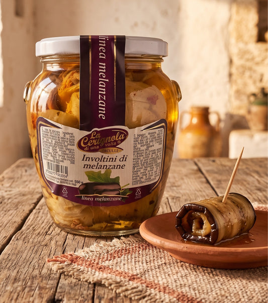 Involtini di melanzane farciti con tonno, capperi e pomodori secchi, chiusi a mano con lo stecchino. Vaso da 550 gr. puglia salento bottega imperiale lecce