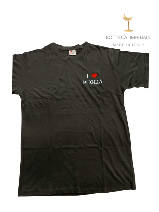 maglietta t-shirt I LOVE PUGLIA bottega imperiale made in italy taglia M dove posso comprare online shop supermercato pugliese regalo unisex color nero foto maglia