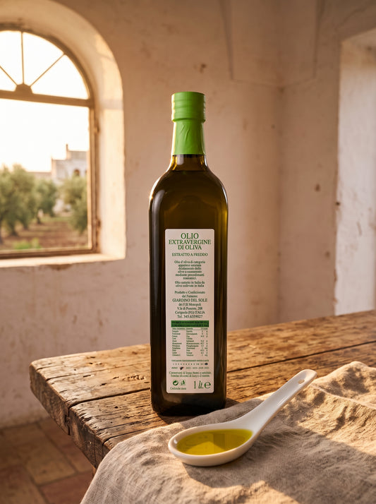 Bottiglia di olio extravergine di oliva Premium monocultivar Coratina, frantoio pugliese Bottega Imperiale.