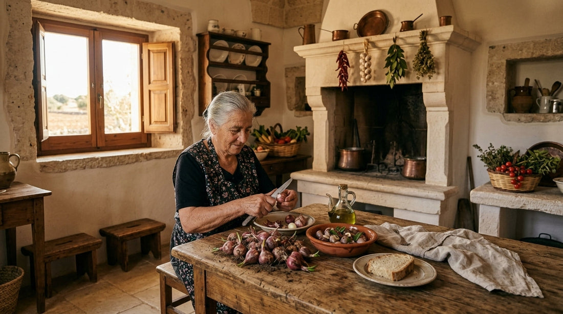 Donna pugliese pulendo lampascioni alla contadina bottega