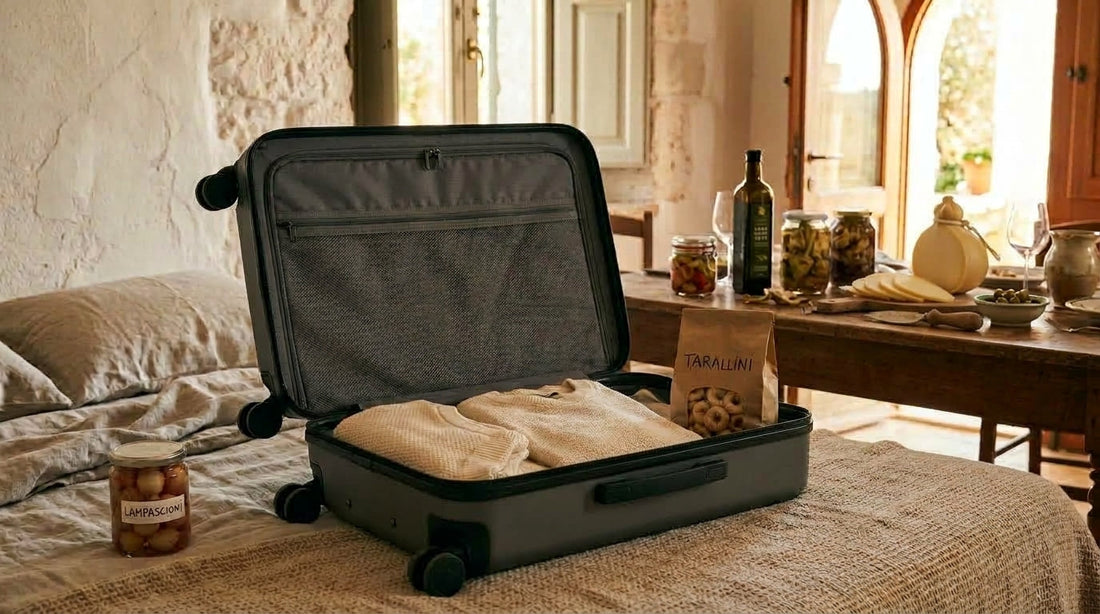 Valigia e souvenir dalla Puglia cibo bottega imperiale