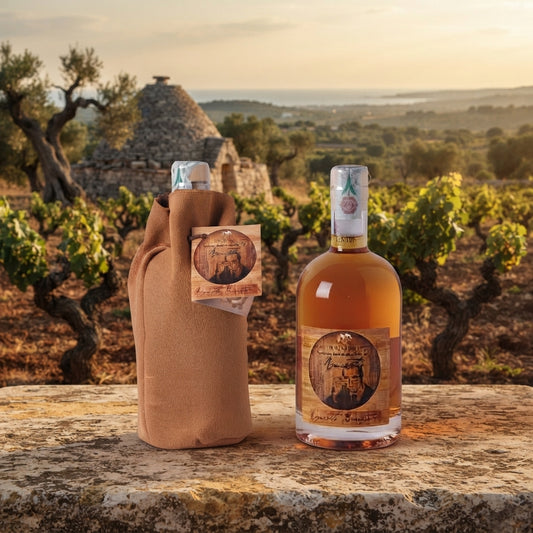 Bottiglia di acquavite barricata di uva Negroamaro e Malvasia di Tenuta Vèrola, distillato pugliese