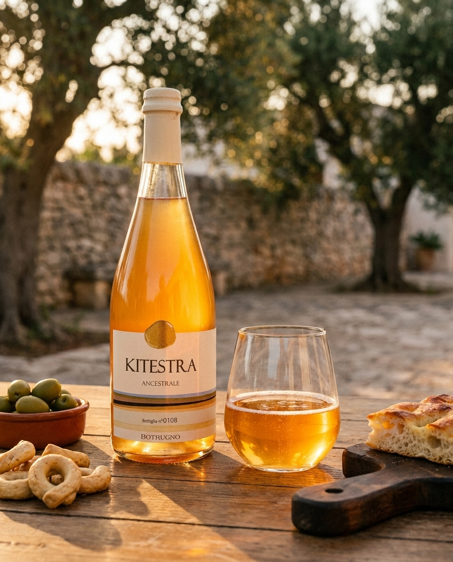 Kitestra Ancestrale 2023, vino bianco frizzante non filtrato di Botrugno, Brindisi, 11,5% vol.