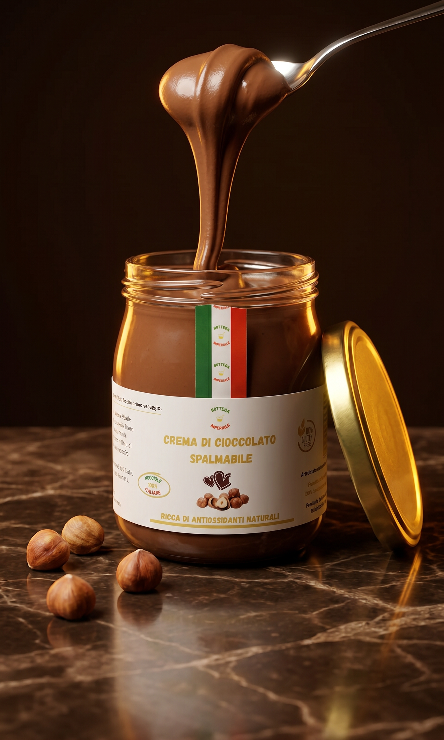Crema spalmabile al cioccolato con nocciole italiane intere, senza glutine e senza conservanti