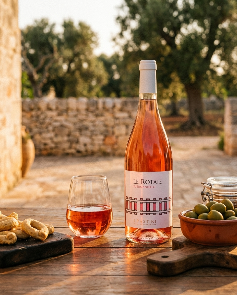 Bottiglia di vino rosato biologico Le Rotaie Susumaniello Valle d'Itria IGP su tavolo in legno con calice, olive verdi e capocollo pugliese Bottega Imperiale