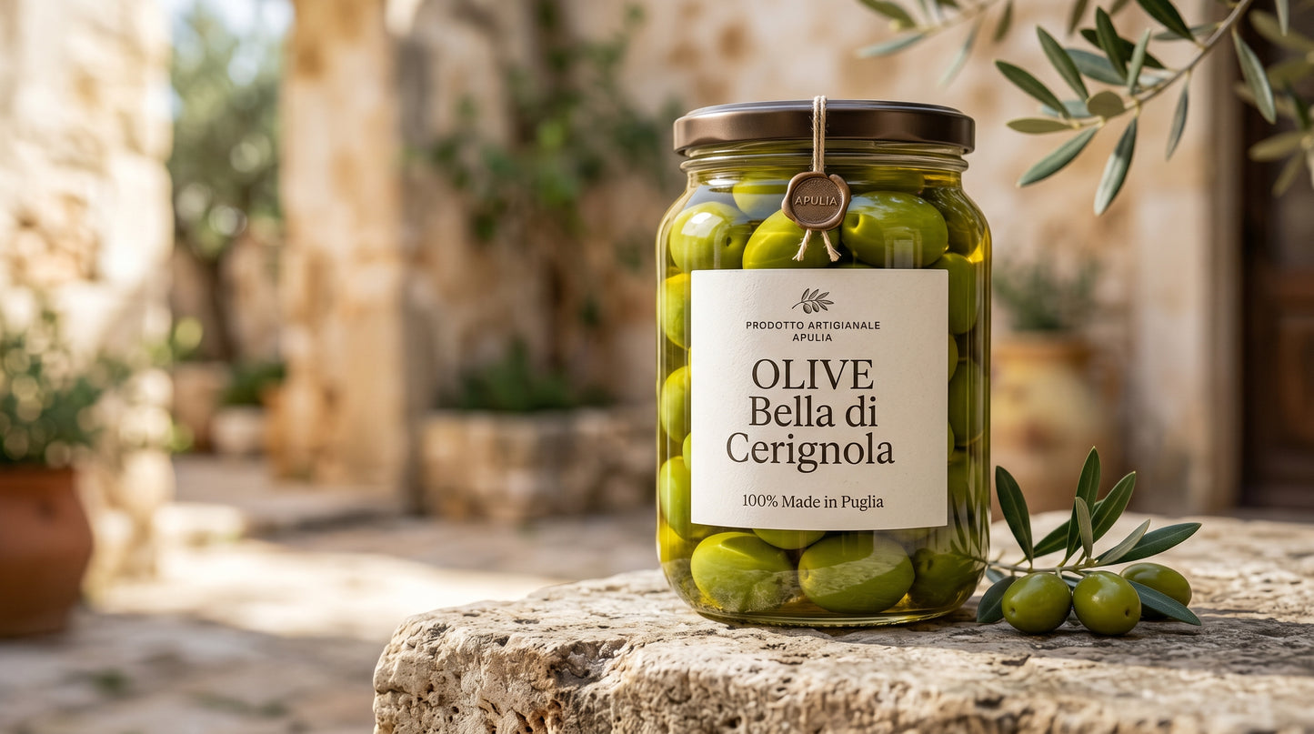 Olive verdi giganti Bella di Cerignola in barattolo di vetro, varietà IGP 100% pugliese