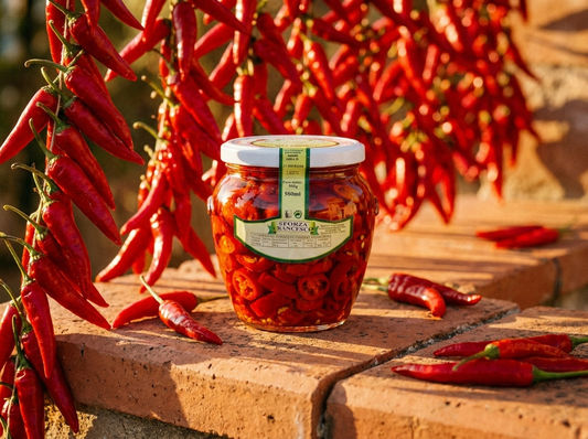 Peperoncino piccante a rondelle sott'olio, 550 grammi Produttore artigianale Sforza Francesco, Cerignola, Puglia. Intenso, autentico. Solo su Bottega Imperiale.
