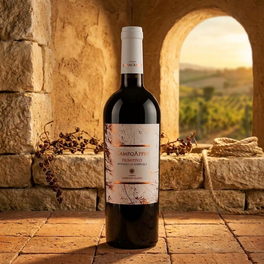 annata 2023 puglia bottega imperiale  Bottiglia di CampoAppio Primitivo affinato in barrique di Cantine San Pancrazio davanti a un arco in pietra con vista sui vigneti