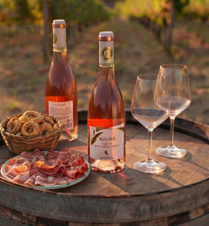 Retro etichetta di Susumà Susumaniello Rosato IGP, vino rosato pugliese.