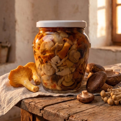 Tre funghi sott'olio in un vaso: shiitake, champignon e nameko, con aglio e prezzemolo. Antipasti pugliese tagliere