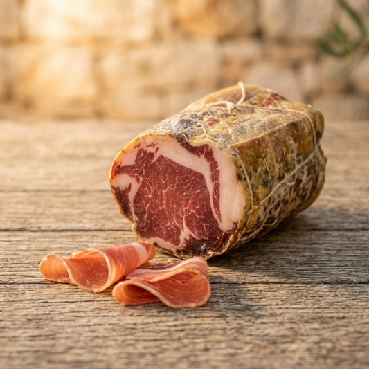 Capocollo di suino del Subappennino Dauno stagionato 4-6 mesi in budello retinato. Prodotto artigianale  Spedizione sottovuoto. Bottega Imperiale