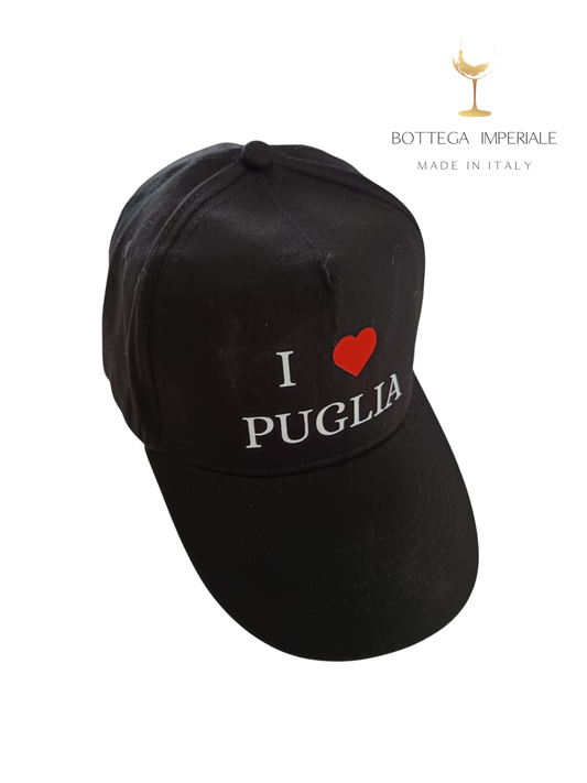 comprare cappellino I LOVE PUGLIA baseball made in italy ❤️ salento with love I ❤️ PUGLIA regolabile colore nero bianco bottega imperiale salentino