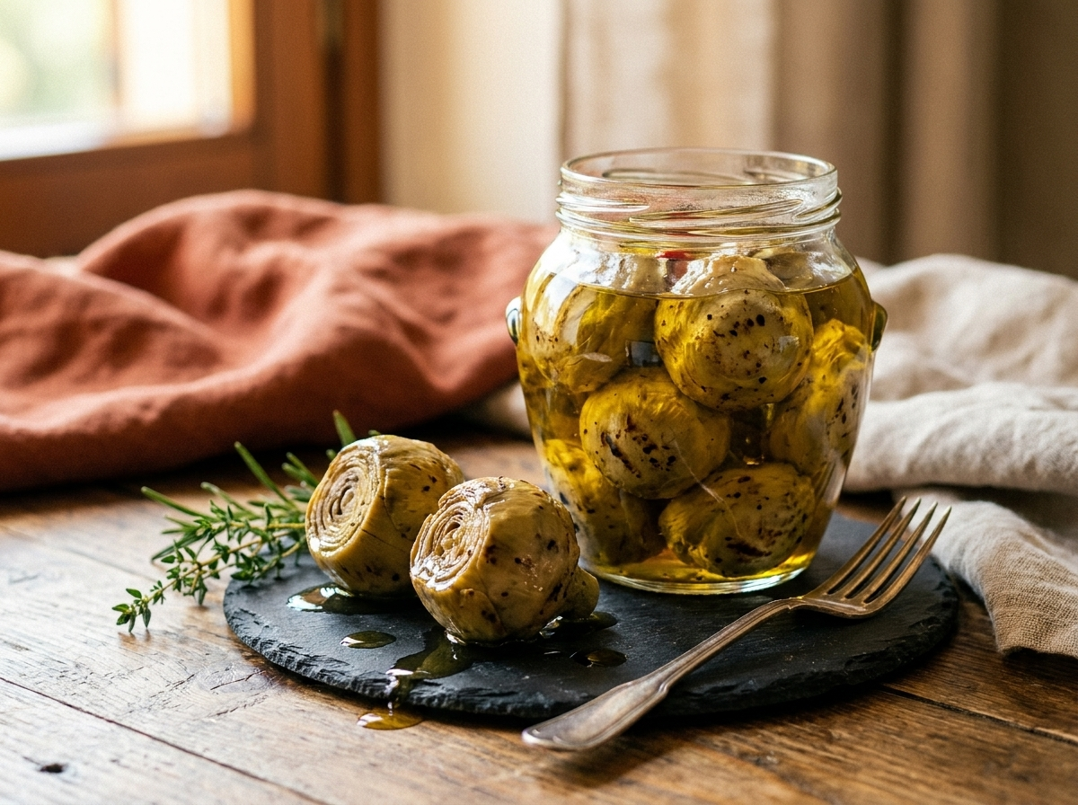Vasi di carciofi grigliati sott'olio su tagliere rustico, tavola pugliese Conserve sotto'olio pugliesi bottega imperiale shop online carciofini grigliati