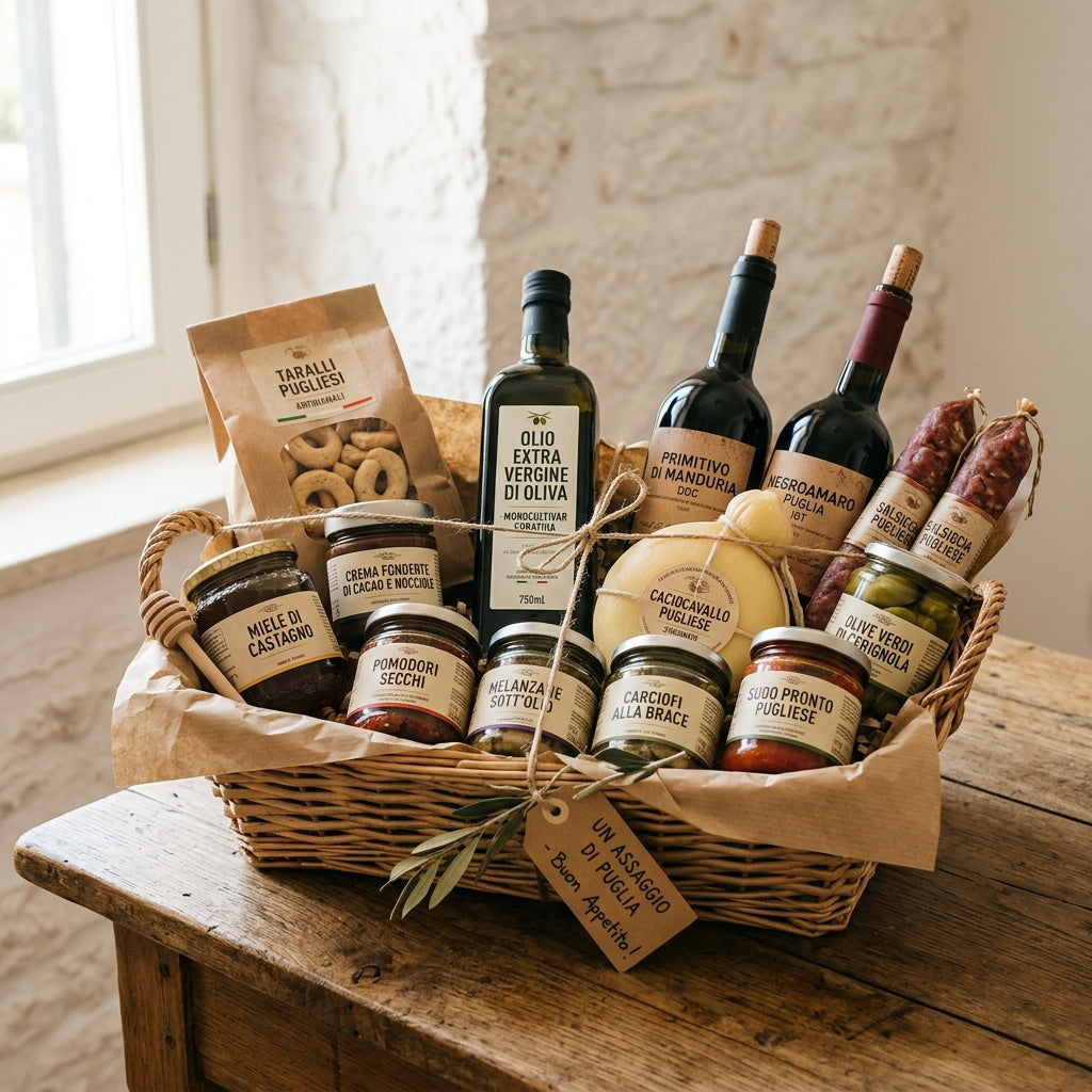 Cesto degustazione pugliese premium: olio, vini, caciocavallo, salsicce, miele, conserve e cioccolato. Un regalo pugliese autentico da piccoli produttori bottega imperiale puglia