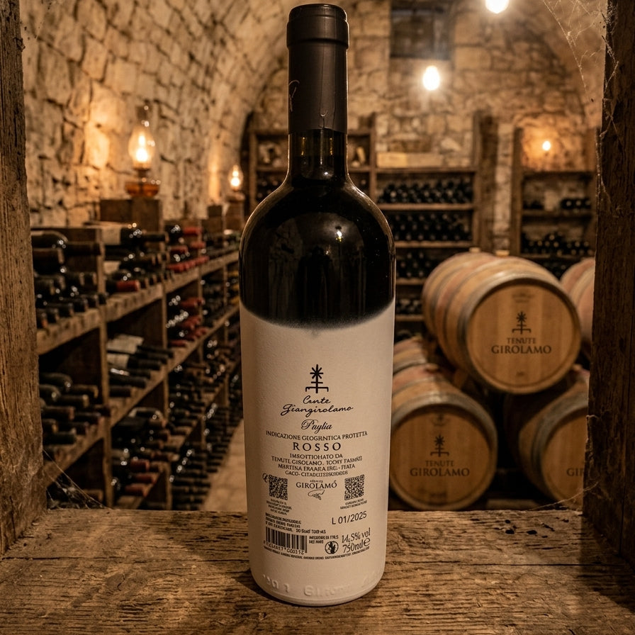 Retro etichetta di Conte GianGirolamo, rosso IGP Puglia annata 2020 — Bottega Imperiale.