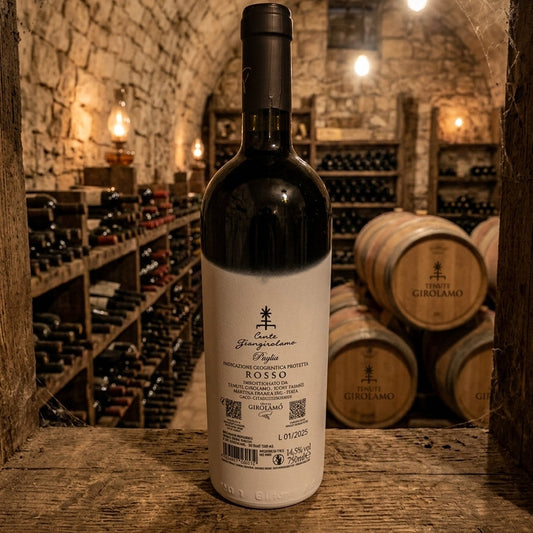 Retro etichetta di Conte GianGirolamo, rosso IGP Puglia annata 2020 — Bottega Imperiale.