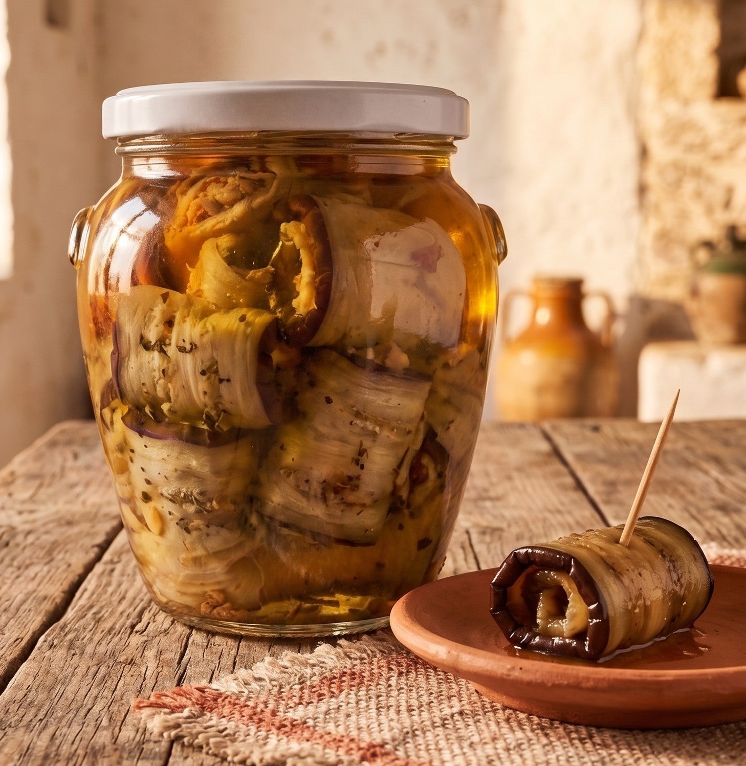Vaso di involtini di melanzane con tonno e capperi da 550 gr serviti su tagliere di legno.