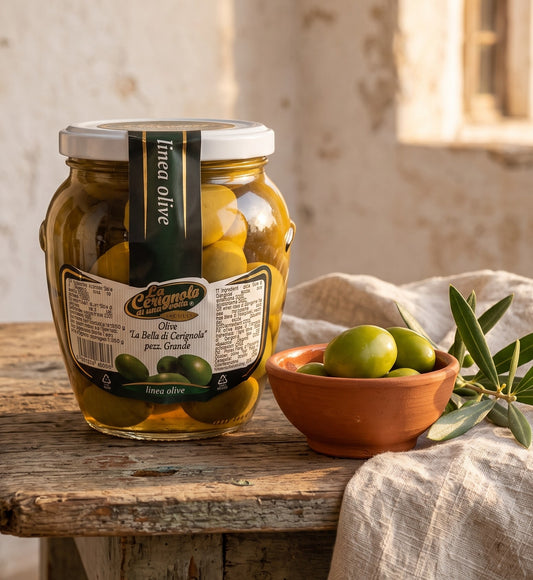 Olive verdi Bella di Cerignola di grande pezzatura in salamoia, 100% pugliesi, vaso da 550 gr.