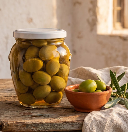 Vaso di olive verdi Bella di Cerignola pezzatura grande da 550 gr. bottega imperiale salento