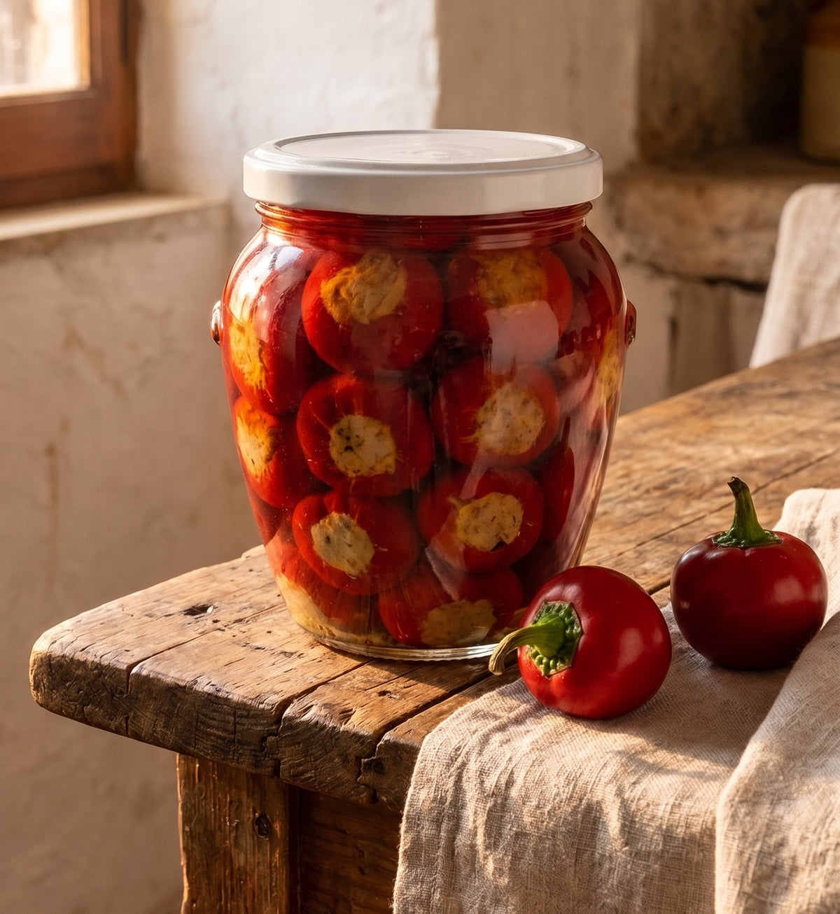 Vaso di peperoncini piccanti ripieni al tonno sott'olio da 550 gr, antipasto pugliese.