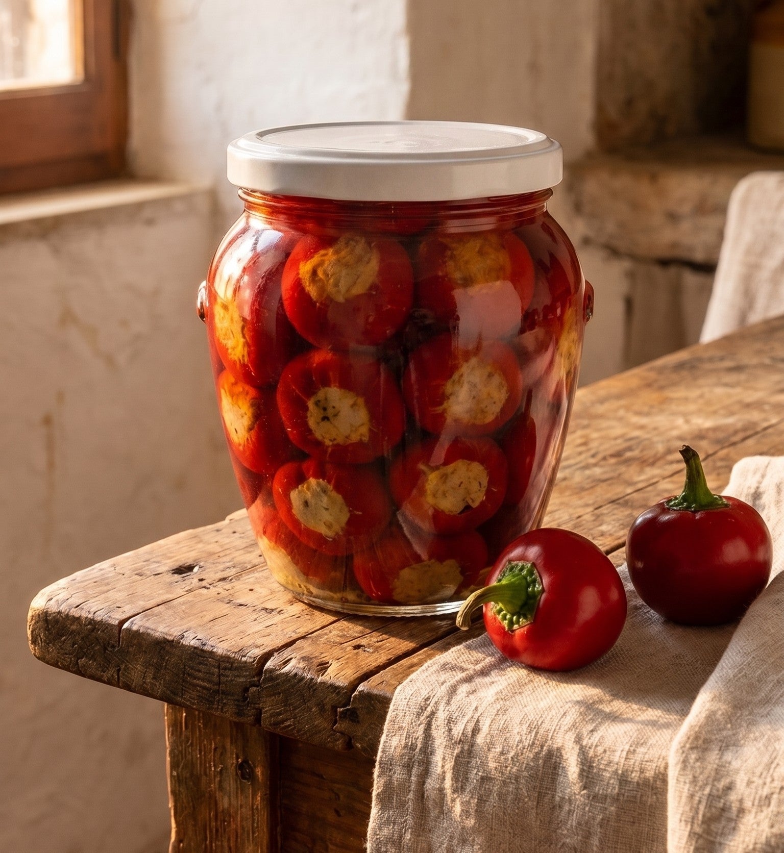 Vaso di peperoncini piccanti ripieni al tonno sott'olio da 550 gr, antipasto pugliese.