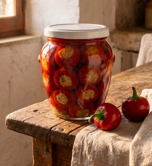 Vaso di peperoncini piccanti ripieni al tonno sott'olio da 550 gr, antipasto pugliese.