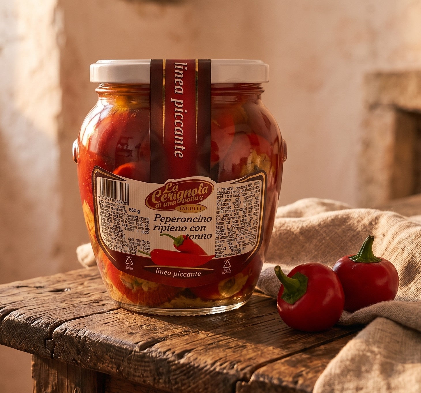 Peperoncini ripieni con tonno sott'olio, vaso da 550 gr, conserva artigianale pugliese Bottega Imperiale.