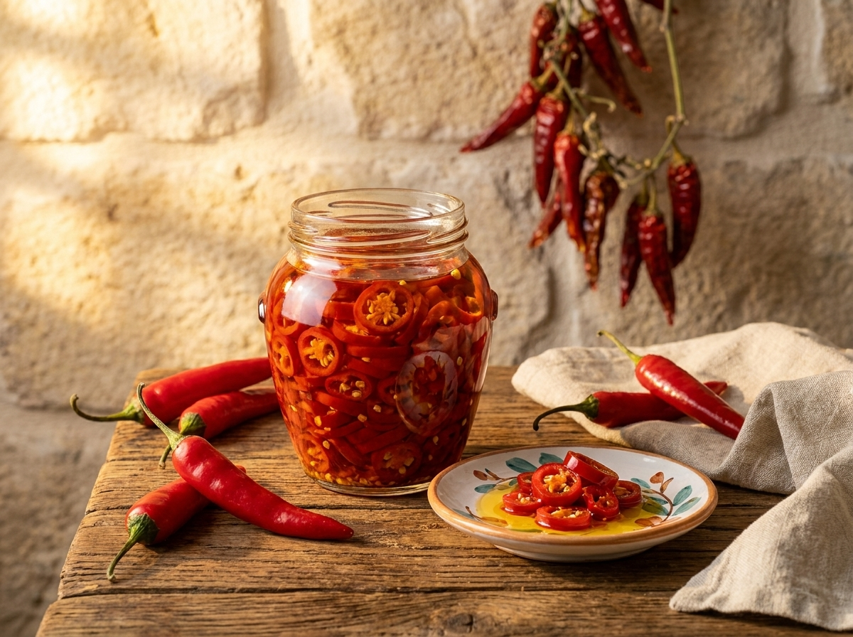 Vaso peperoncino piccante a rondelle sott'olio Sforza Francesco 550g, tavola rustica puglia bottega imperiale