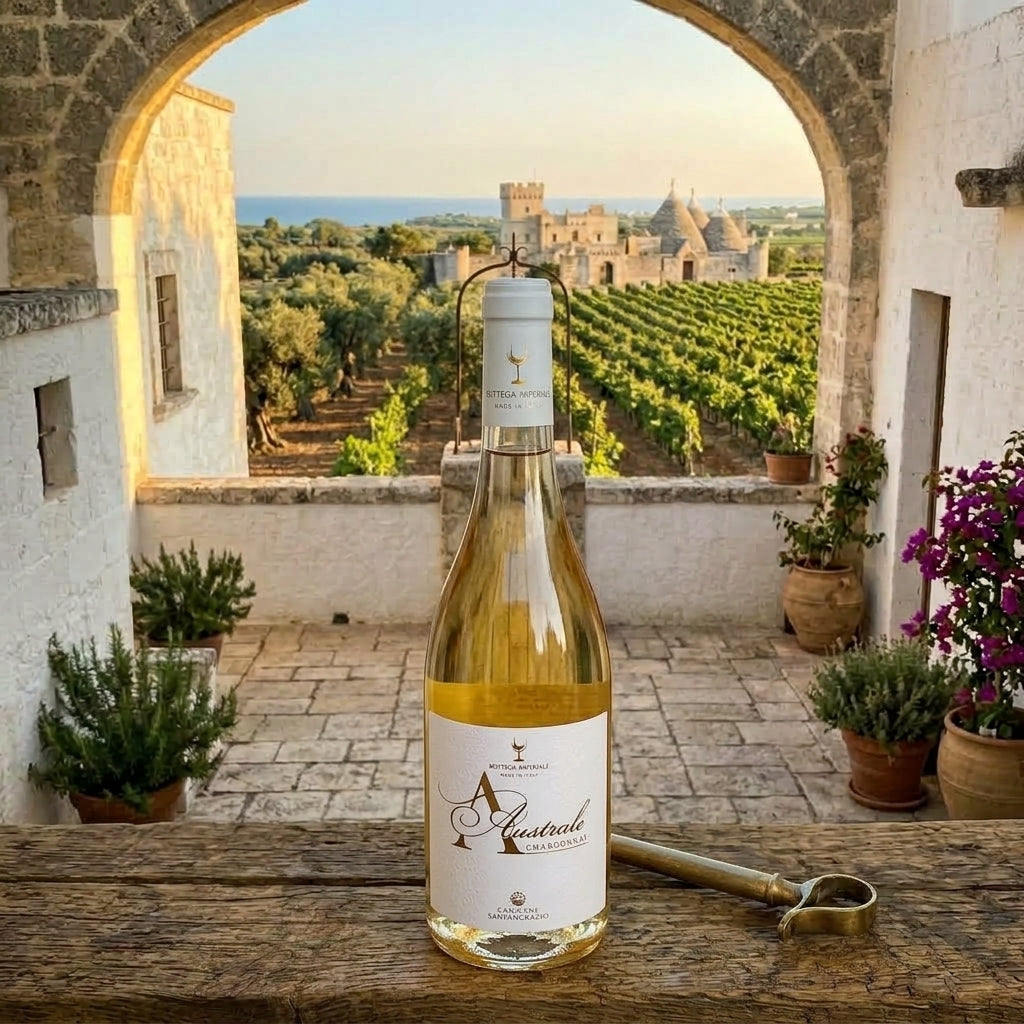 Bottiglia di Australe Chardonnay Salento IGP, vino bianco pugliese