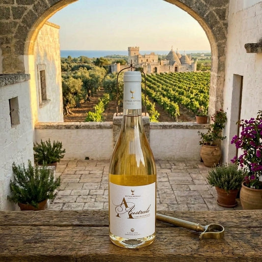 Bottiglia di Australe Chardonnay Salento IGP, vino bianco pugliese