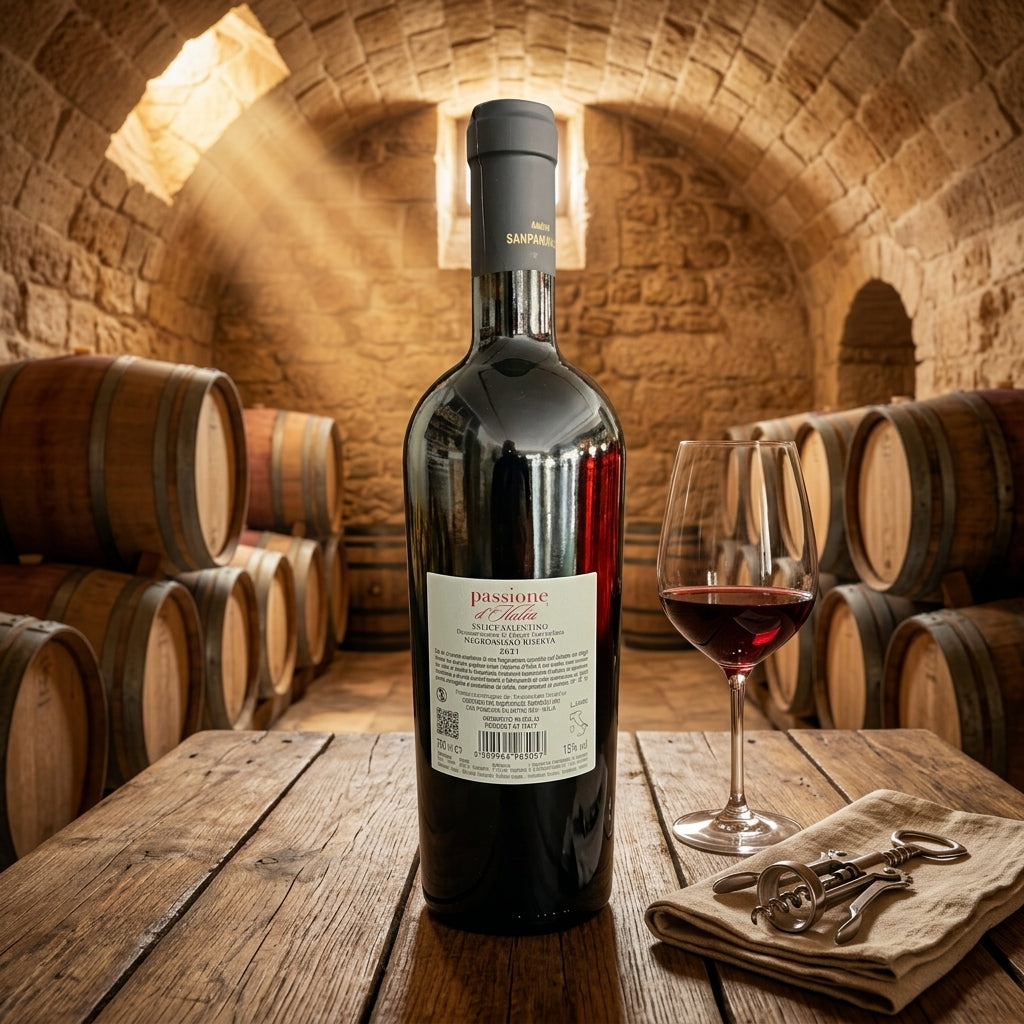 Retroetichetta di Passione d'Italia Negroamaro Riserva DOC